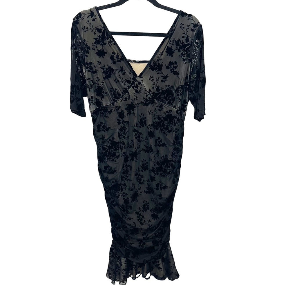 Whimsigoth‎ Black Floral Burnout Velvet Ruched Midi Dress Shein Curve Size 1X
